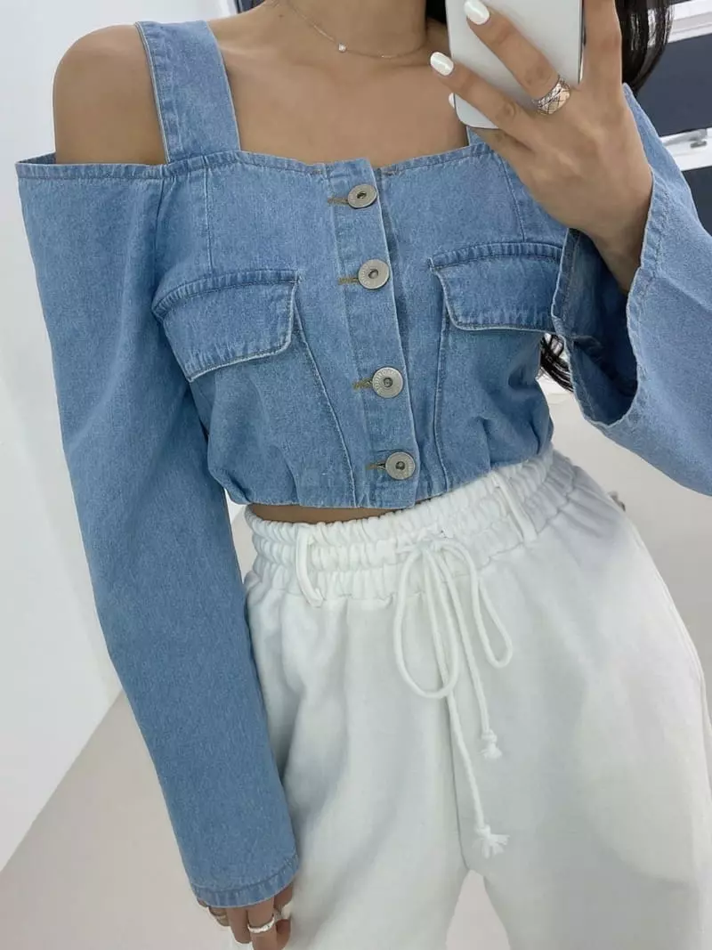 Monroe - Korean Women Fashion - #momslook - Denim Off Blouse - 2