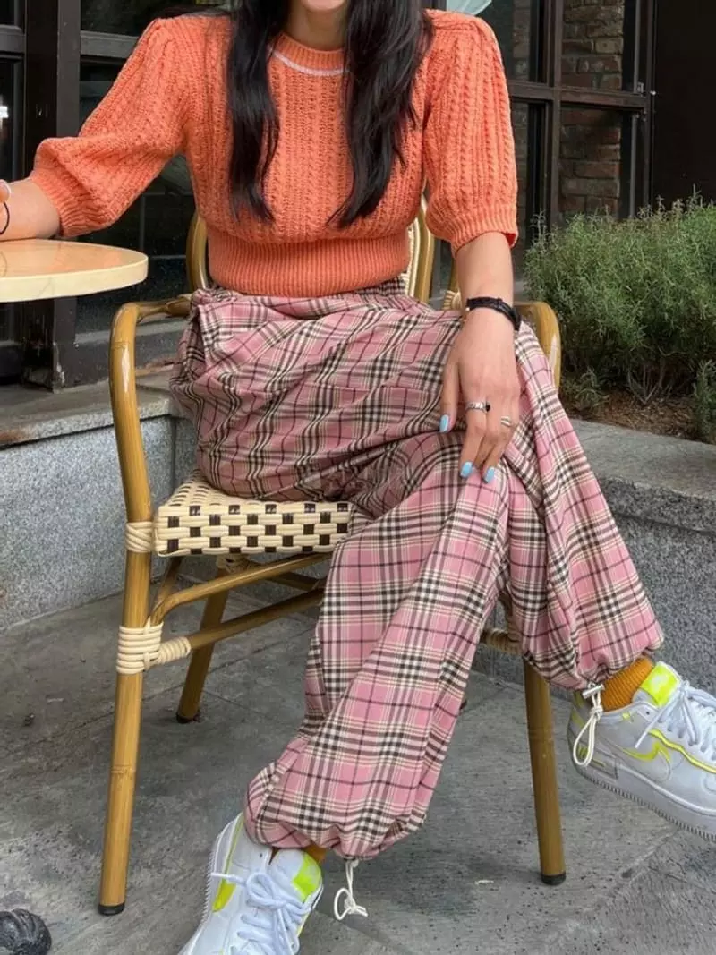 Mosaic - Korean Women Fashion - #momslook - Check Wide String Pants - 3