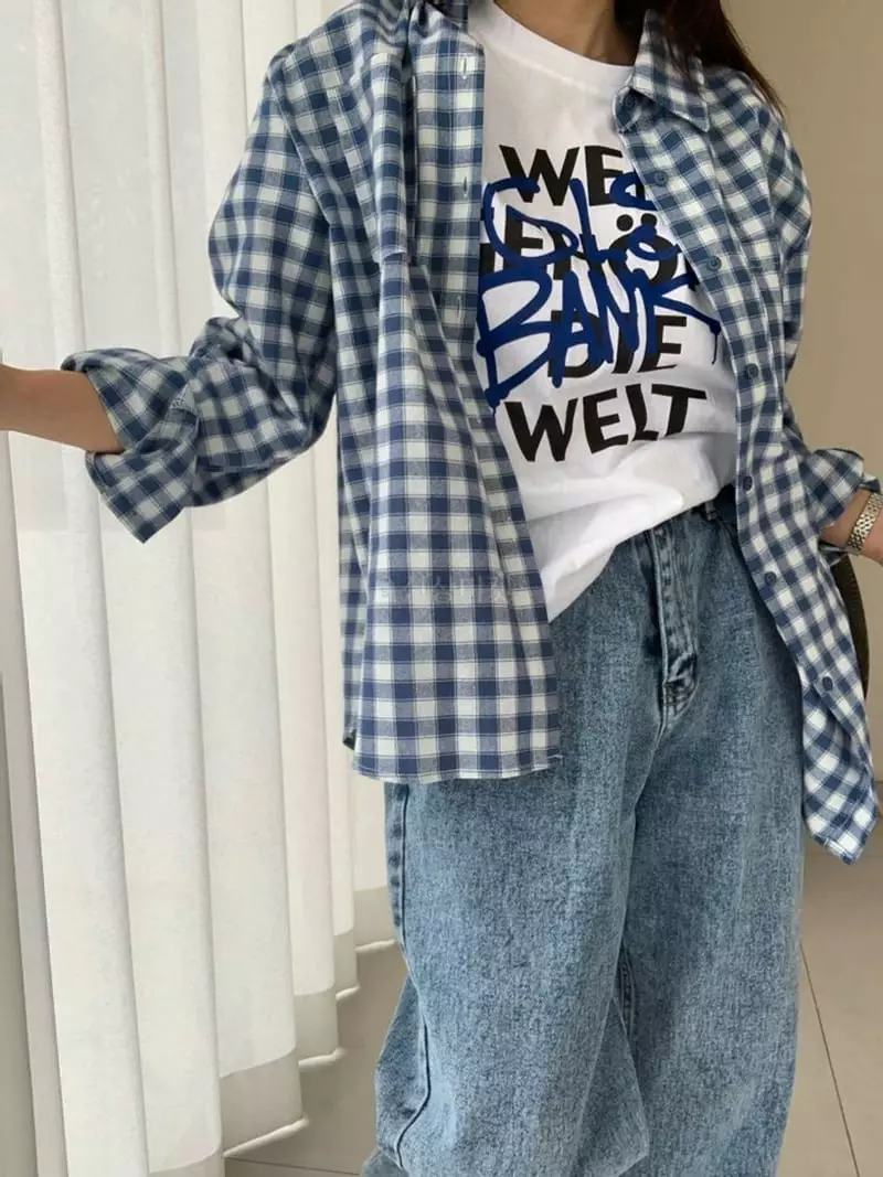 Mosaic - Korean Women Fashion - #womensfashion - Overfit Pocket Check Shirt
