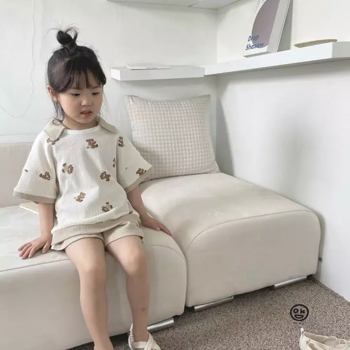 Oh Kids - Korean Children Fashion - #littlefashionista - Bear Waffle Top Bottom Set - 2