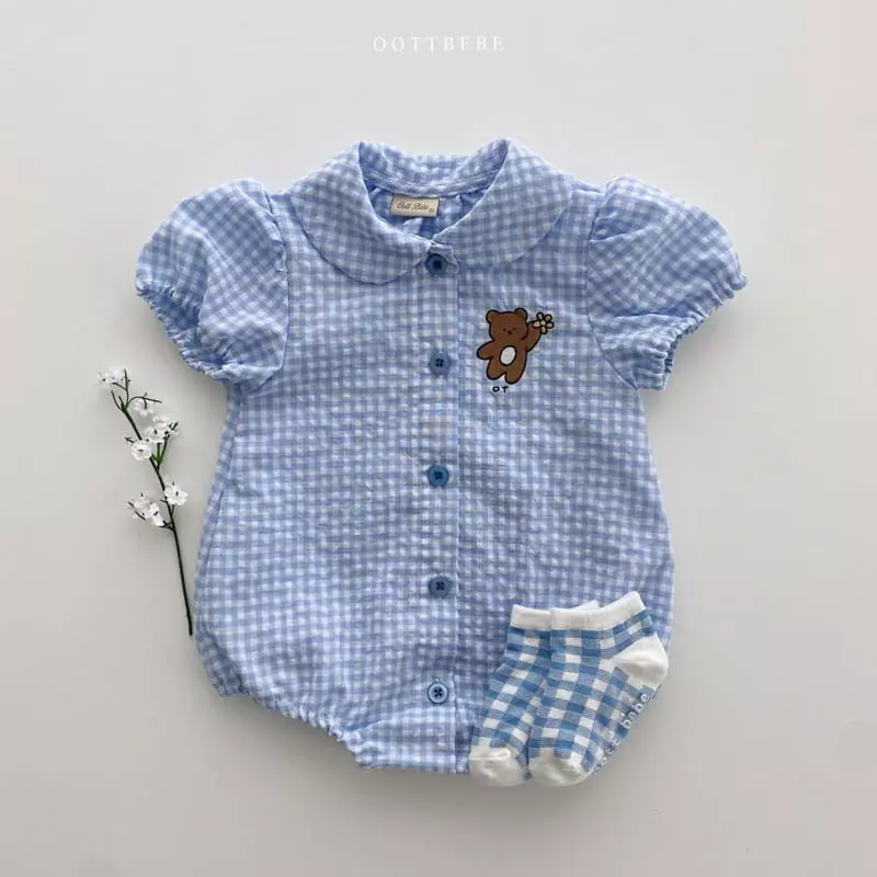 Oott Bebe - Korean Baby Fashion - #babyboutique - Flower Baer Check Bodysuit