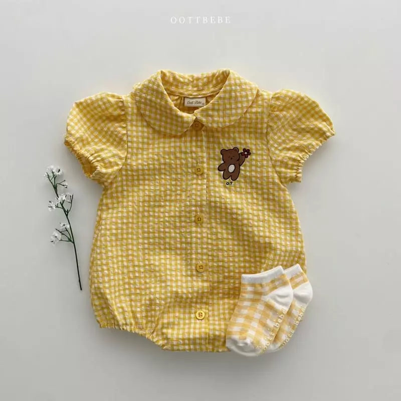 Oott Bebe - Korean Baby Fashion - #babyboutique - Flower Baer Check Bodysuit - 2