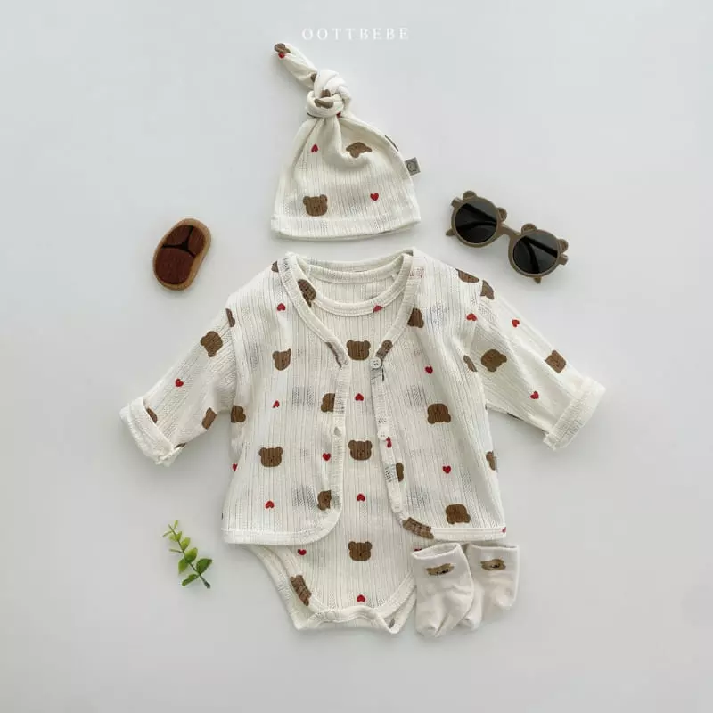 Oott Bebe - Korean Baby Fashion - #babyoutfit - Jue Jue Jacquard Cardigan Bodysuit Set