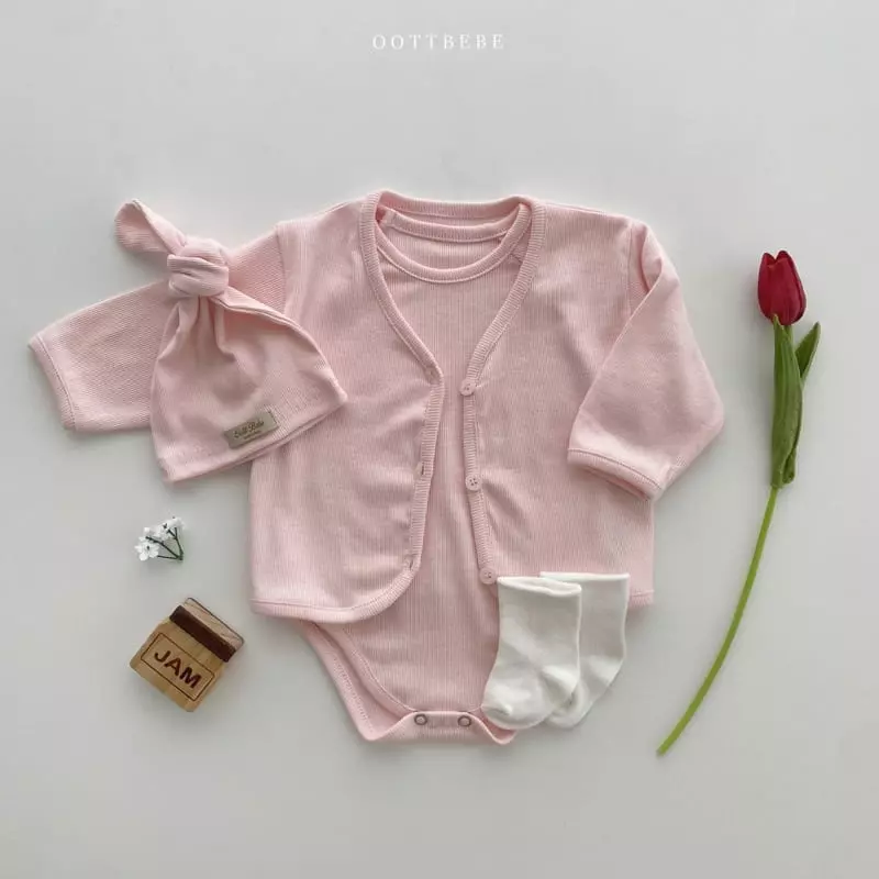 Oott Bebe - Korean Baby Fashion - #onlinebabyshop - Ade Rib Cardigan Bodysuit Set