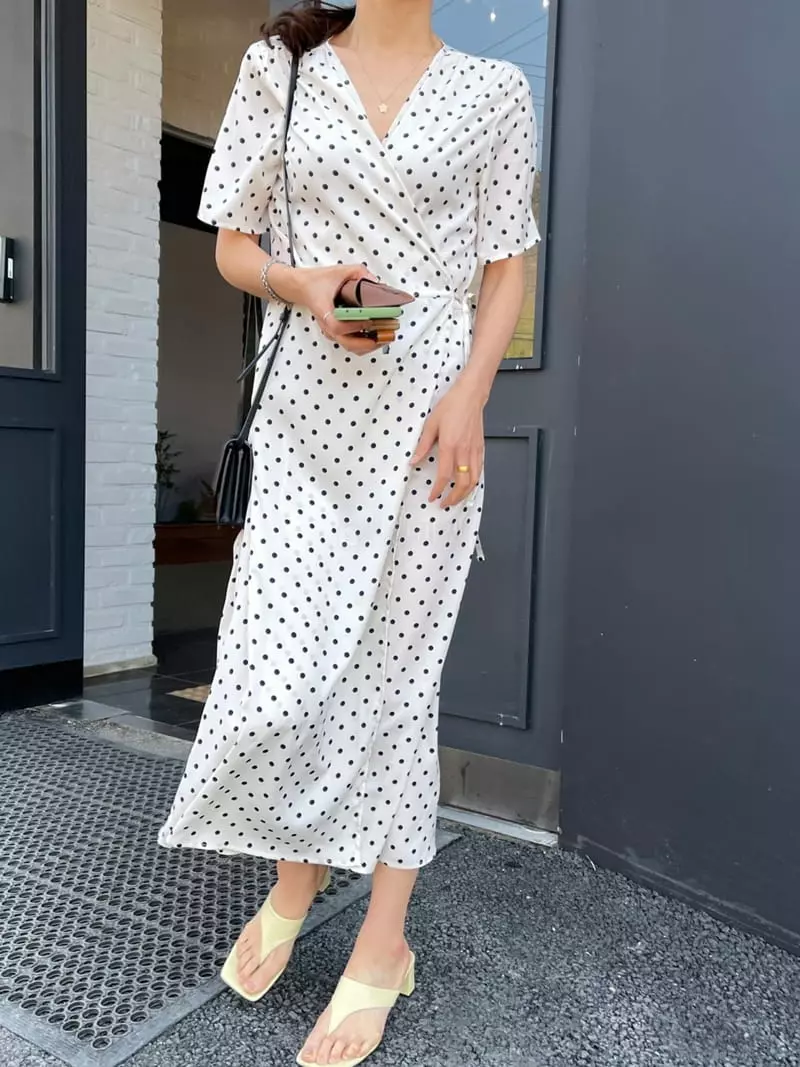 Ripple - Korean Women Fashion - #momslook - Dot Wrap One-piece - 4