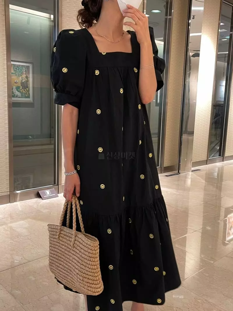 Ripple - Korean Women Fashion - #womensfashion - Smile Embroidery One-piece - 2