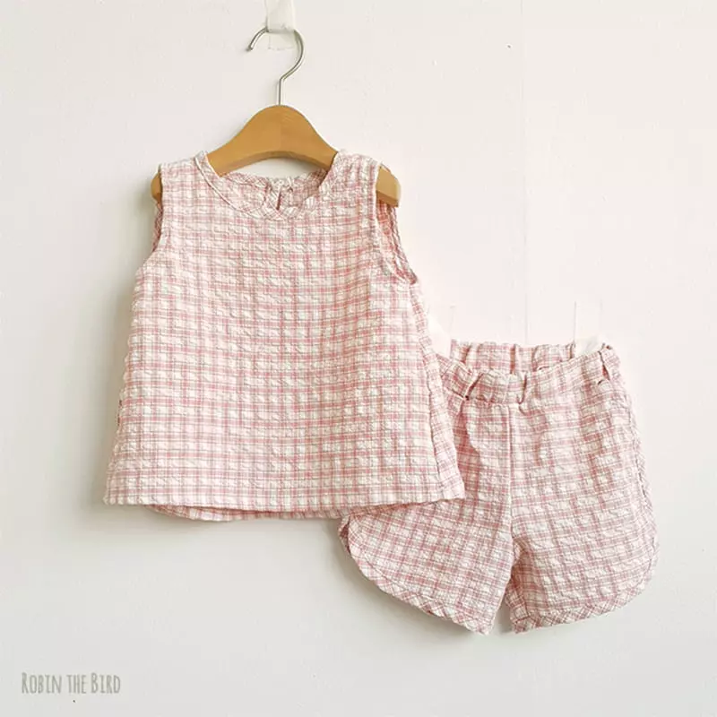 Saerobin - Korean Children Fashion - #littlefashionista - Volume Check Sleeveless Top Bottom Set - 5
