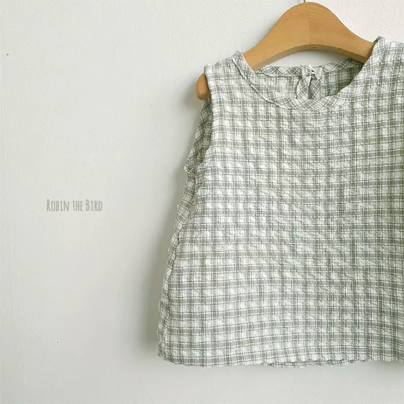 Saerobin - Korean Children Fashion - #magicofchildhood - Volume Check Sleeveless Top Bottom Set - 6