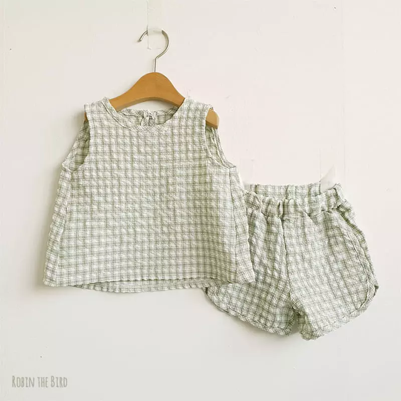 Saerobin - Korean Children Fashion - #minifashionista - Volume Check Sleeveless Top Bottom Set - 7