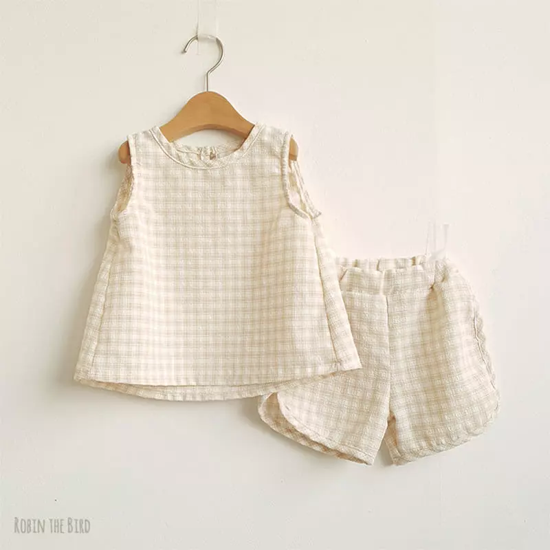 Saerobin - Korean Children Fashion - #prettylittlegirls - Volume Check Sleeveless Top Bottom Set - 8