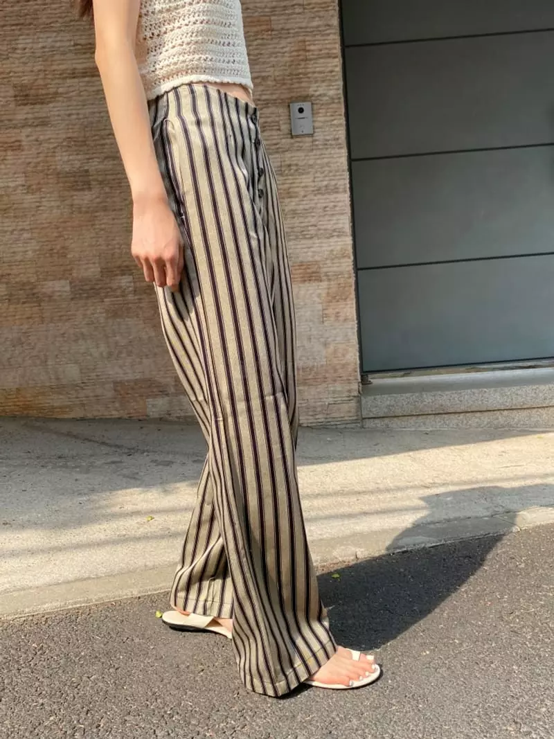 Sllow - Korean Women Fashion - #momslook - Button Off Stripes Pants
