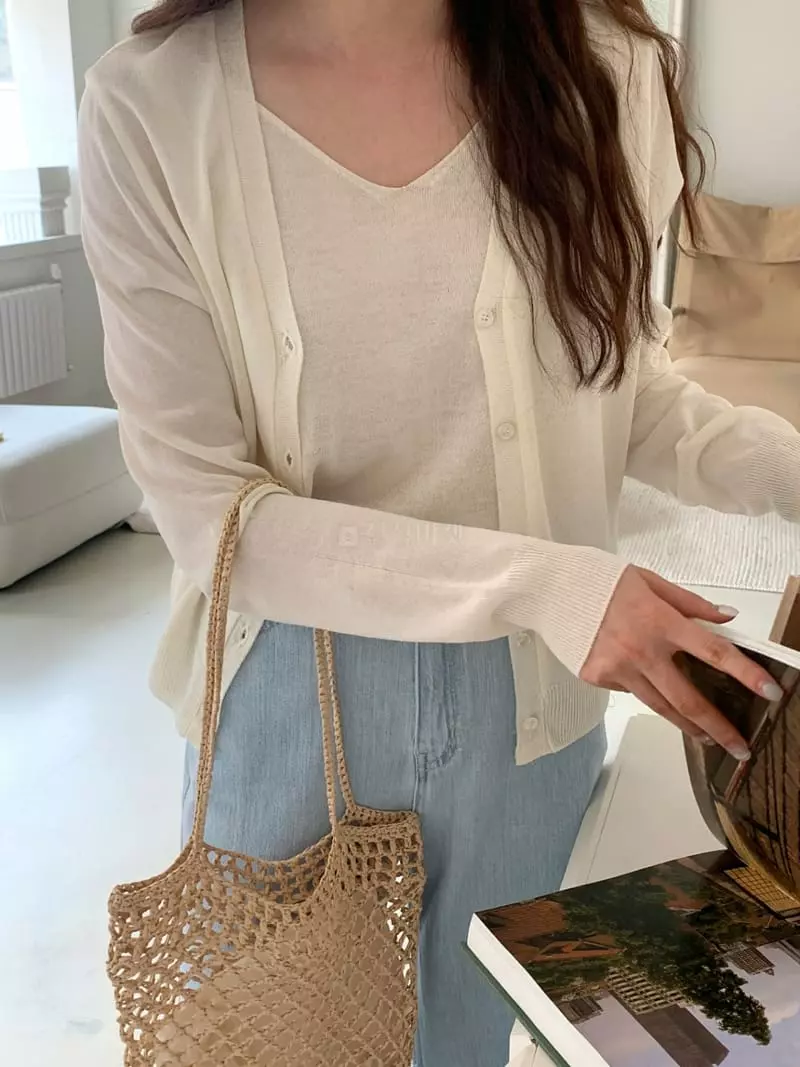 Sunday - Korean Women Fashion - #momslook - V Linen Sleeveless Cardigan Set