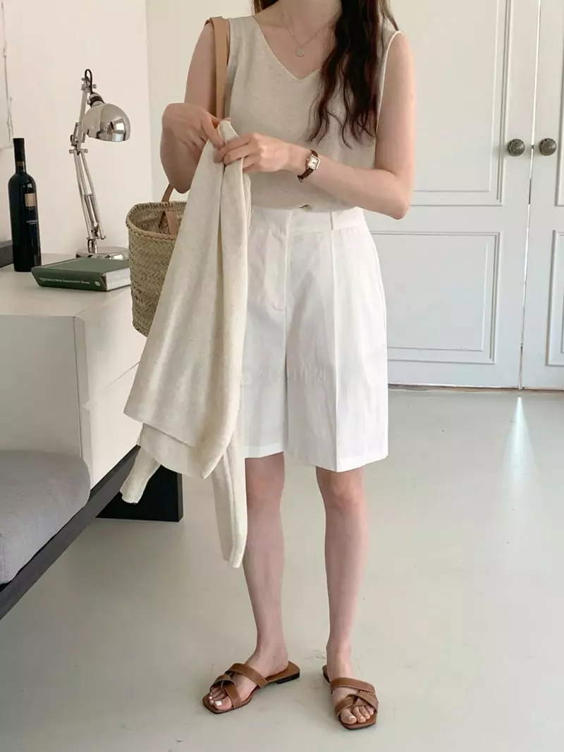 Sunday - Korean Women Fashion - #momslook - V Linen Sleeveless Cardigan Set - 3
