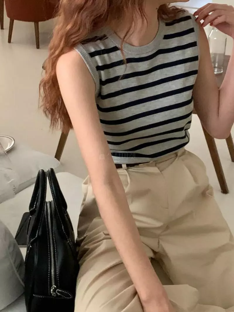 Tacit - Korean Women Fashion - #momslook - Stripes Sleeveless Knit - 4
