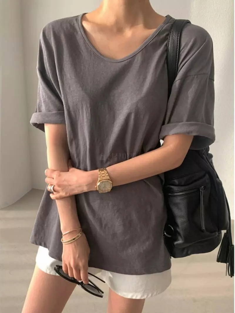 Und - Korean Women Fashion - #momslook - Slit U Neck Tee - 3