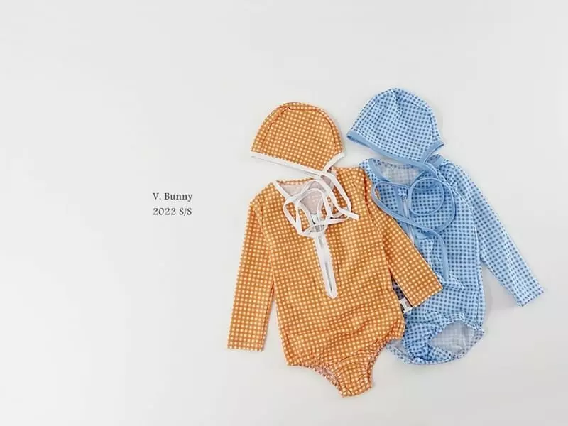 V Bunny - Korean Children Fashion - #designkidswear - Check Swimwear with Hat - 5