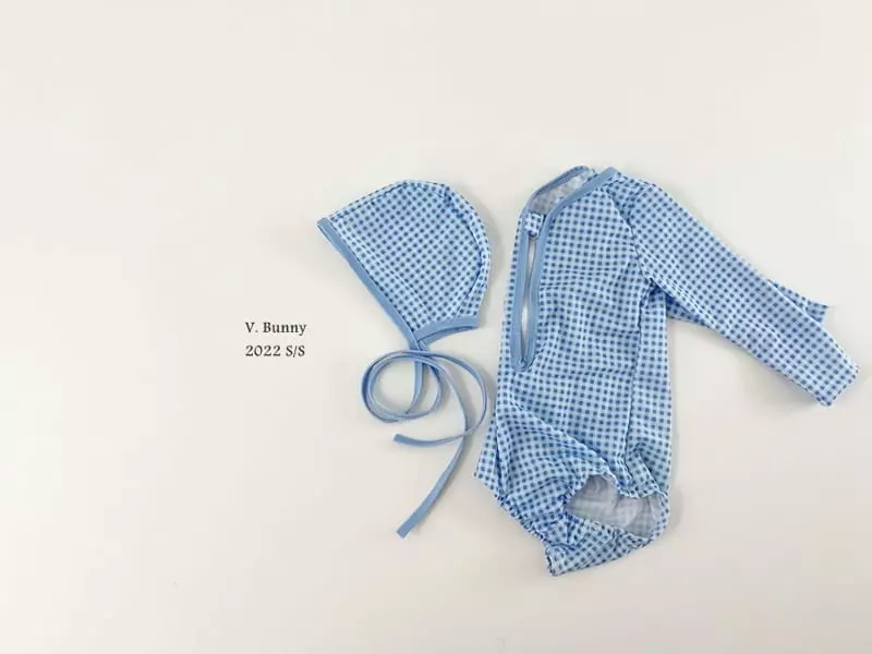 V Bunny - Korean Children Fashion - #fashionkids - Check Swimwear with Hat - 7
