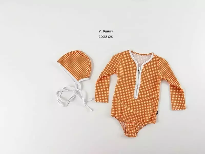 V Bunny - Korean Children Fashion - #toddlerclothing - Check Swimwear with Hat
