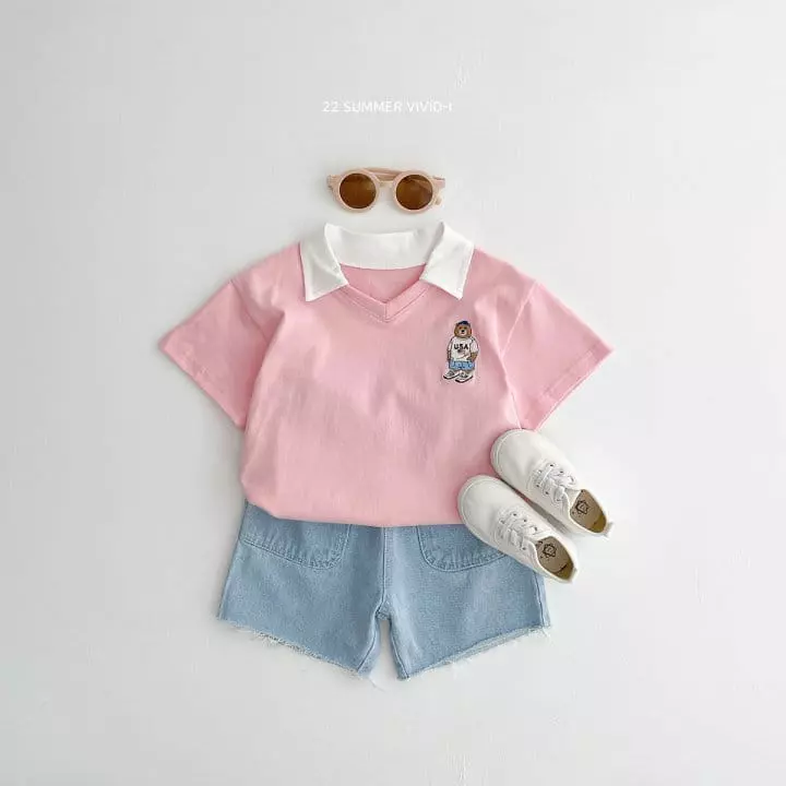 Vivid I - Korean Children Fashion - #kidzfashiontrend - Bear Embroidery Collar Tee - 4