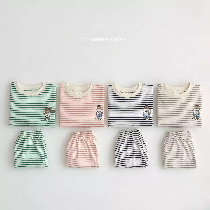 Vivid I - Korean Children Fashion - #designkidswear - Summer Stripes Bear Top Bottom Set