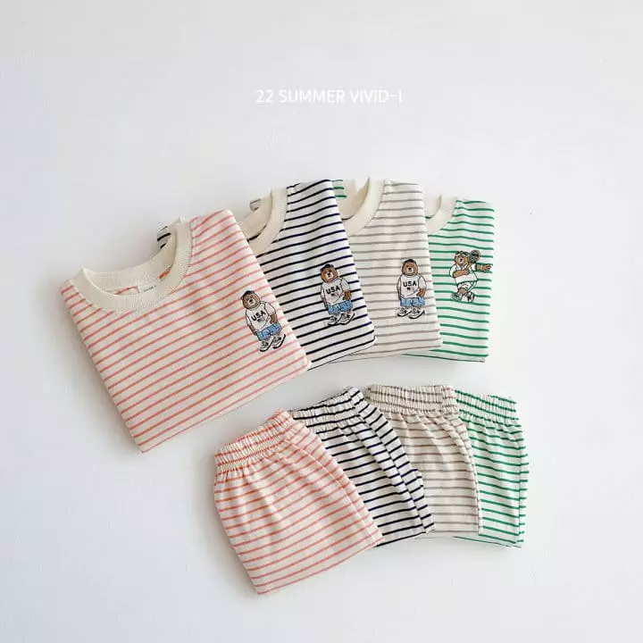 Vivid I - Korean Children Fashion - #discoveringself - Summer Stripes Bear Top Bottom Set - 2