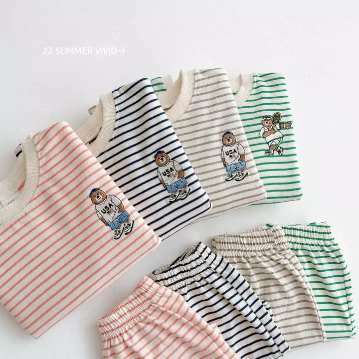 Vivid I - Korean Children Fashion - #fashionkids - Summer Stripes Bear Top Bottom Set - 3