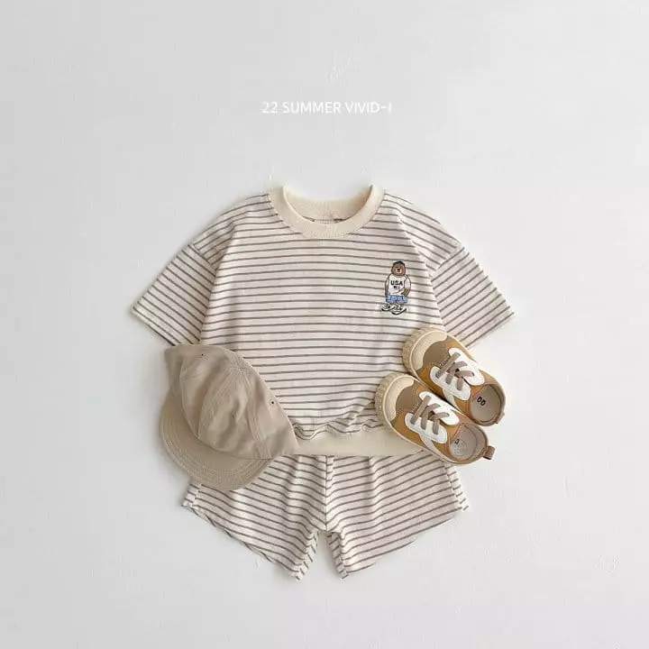 Vivid I - Korean Children Fashion - #fashionkids - Summer Stripes Bear Top Bottom Set - 4