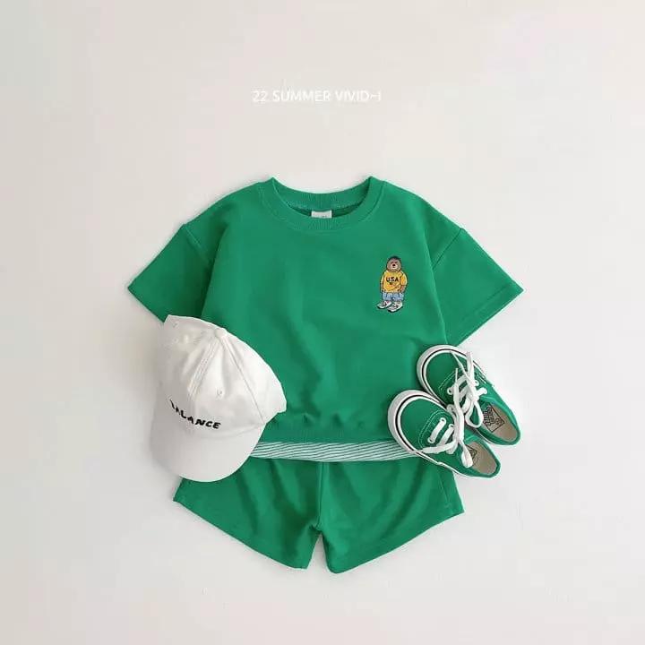 Vivid I - Korean Children Fashion - #kidsshorts - Bear Embroidery Top Bottom Set - 3
