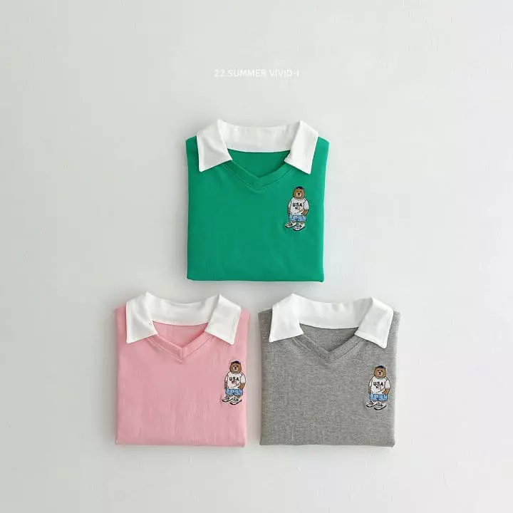 Vivid I - Korean Children Fashion - #kidsshorts - Bear Embroidery Collar Tee