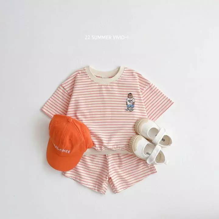 Vivid I - Korean Children Fashion - #kidsstore - Summer Stripes Bear Top Bottom Set - 5