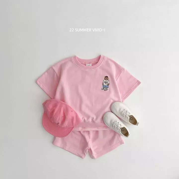 Vivid I - Korean Children Fashion - #kidsshorts - Bear Embroidery Top Bottom Set - 4