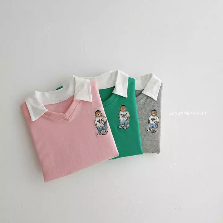 Vivid I - Korean Children Fashion - #kidsstore - Bear Embroidery Collar Tee - 2