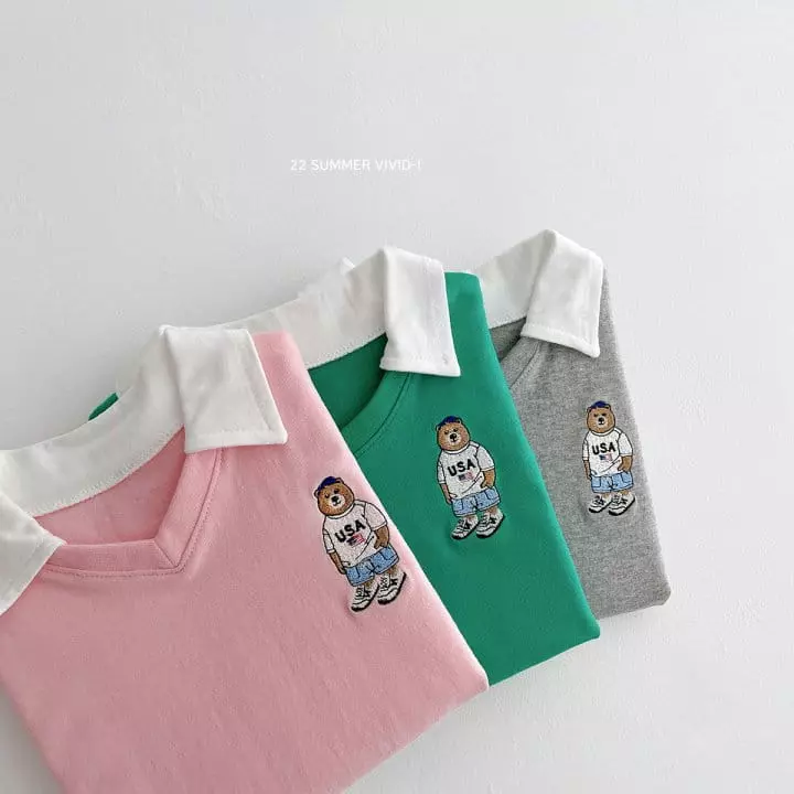 Vivid I - Korean Children Fashion - #kidzfashiontrend - Bear Embroidery Collar Tee - 3