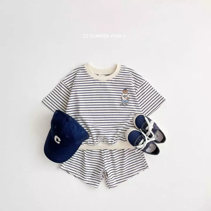 Vivid I - Korean Children Fashion - #littlefashionista - Summer Stripes Bear Top Bottom Set - 8