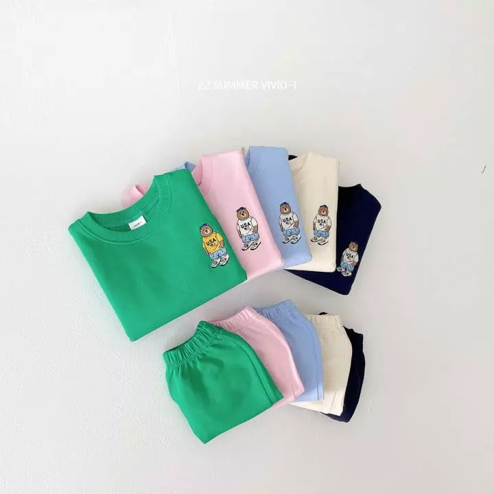 Vivid I - Korean Children Fashion - #littlefashionista - Bear Embroidery Top Bottom Set - 7