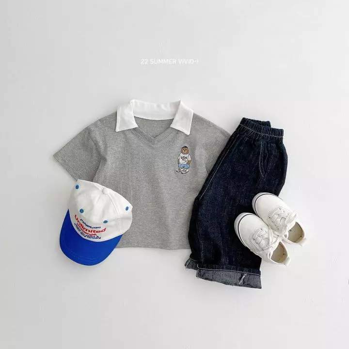 Vivid I - Korean Children Fashion - #littlefashionista - Bear Embroidery Collar Tee - 5