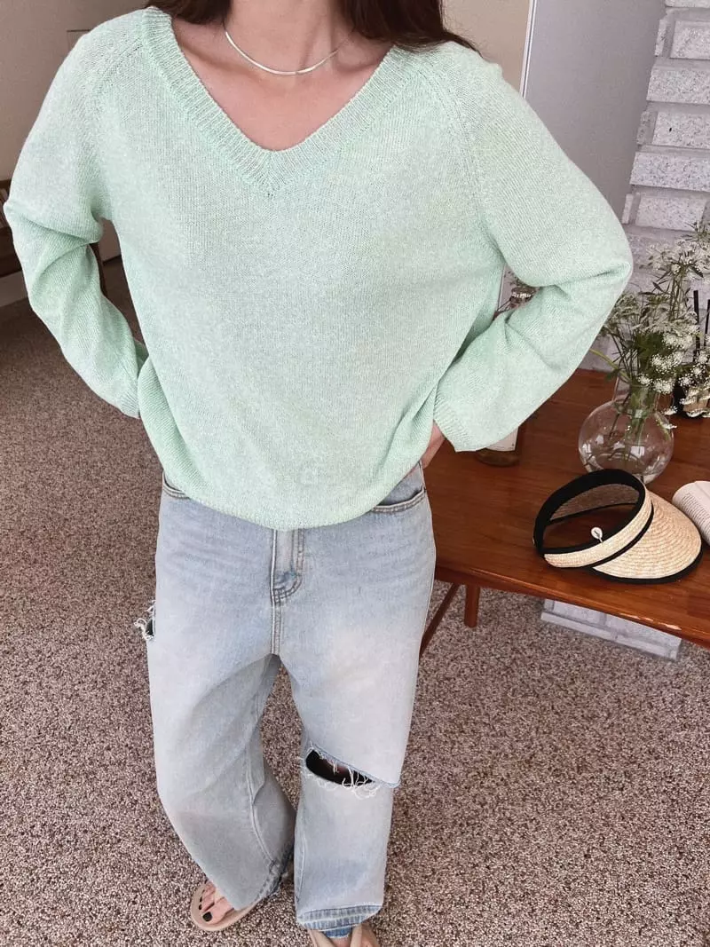 Almond Pepe - Korean Women Fashion - #womensfashion - Linen V Neck Knit Tee - 4