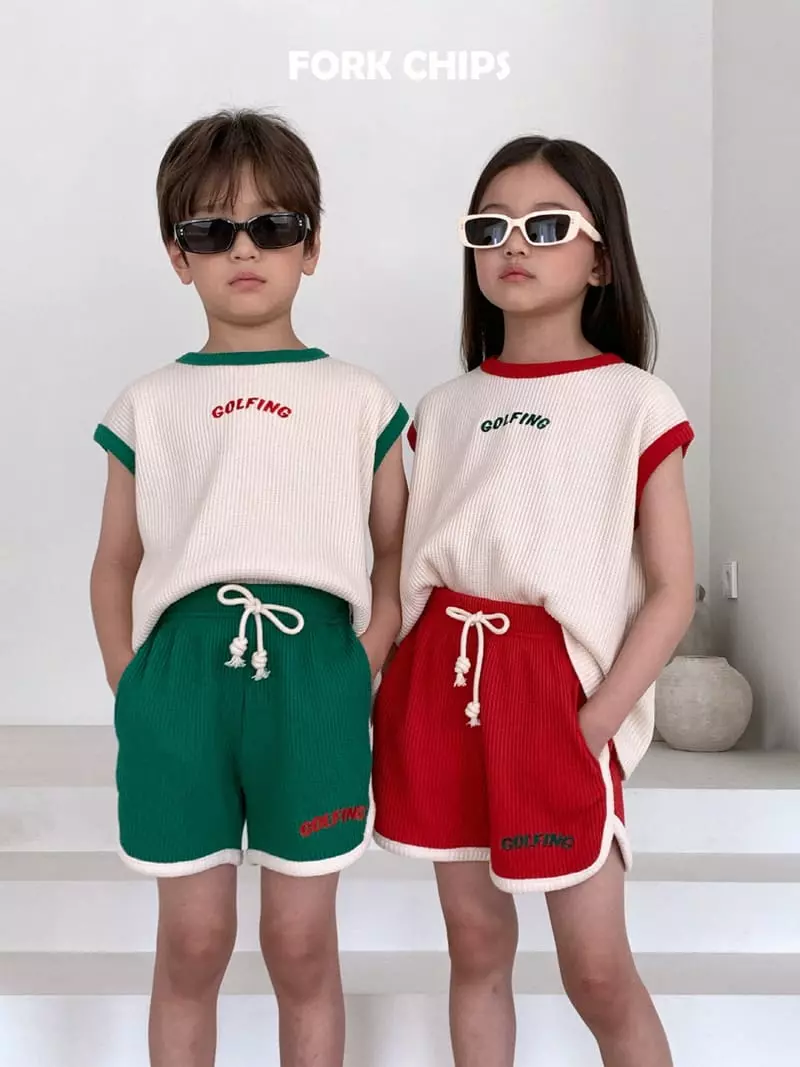 Fork Chips - Korean Children Fashion - #childrensboutique - Gold Pink Waffle Top Bottom Set - 7
