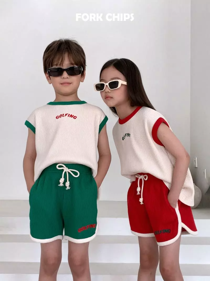Fork Chips - Korean Children Fashion - #designkidswear - Gold Pink Waffle Top Bottom Set - 8