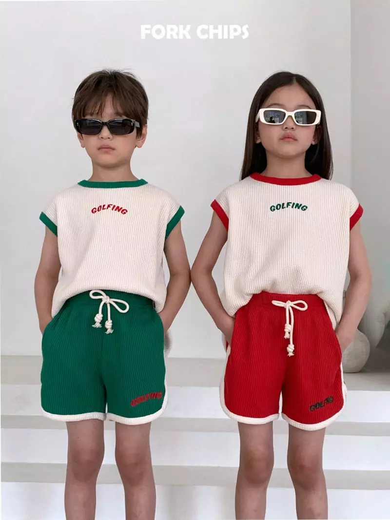 Fork Chips - Korean Children Fashion - #discoveringself - Gold Pink Waffle Top Bottom Set - 9