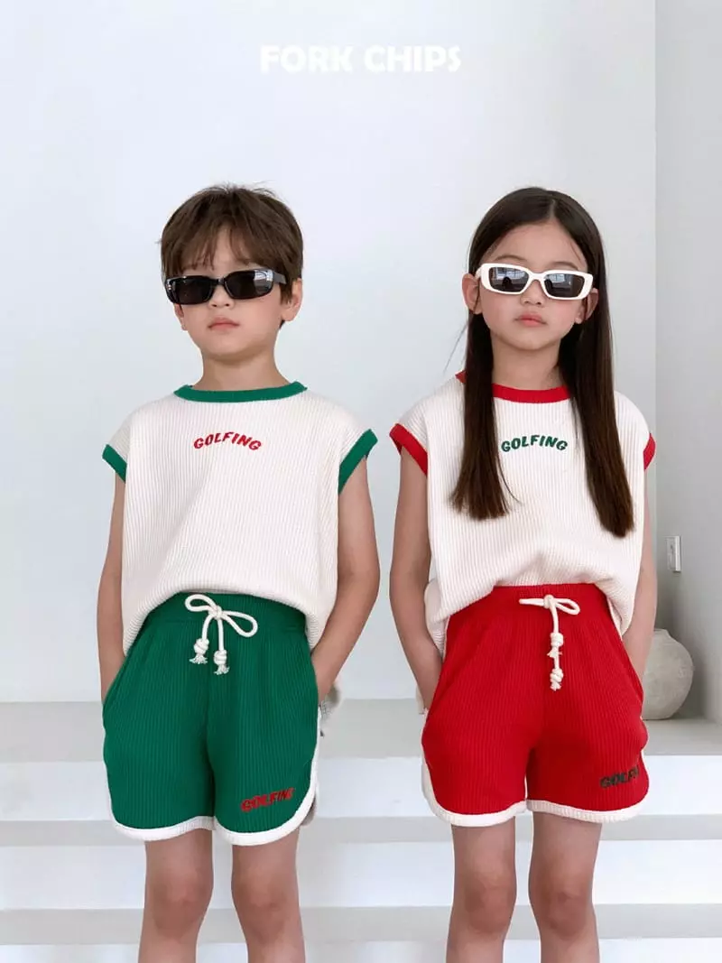 Fork Chips - Korean Children Fashion - #fashionkids - Gold Pink Waffle Top Bottom Set - 10