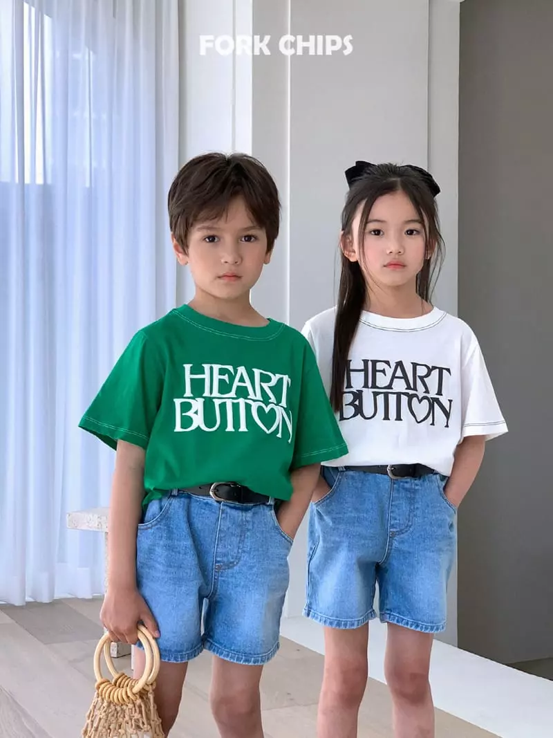Fork Chips - Korean Children Fashion - #kidsshorts - Heart Button Tee