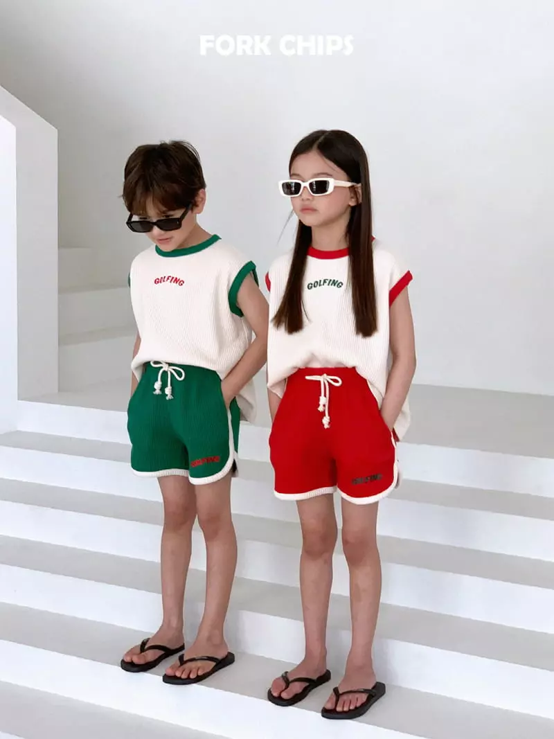 Fork Chips - Korean Children Fashion - #kidsshorts - Gold Pink Waffle Top Bottom Set - 11