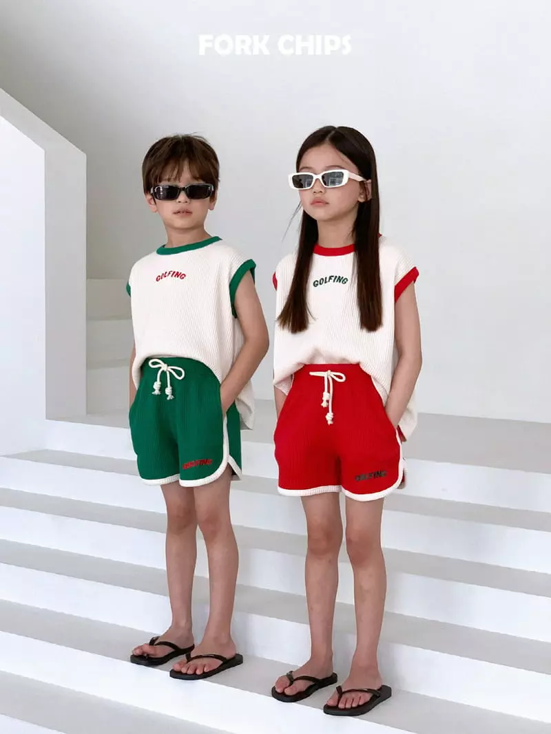 Fork Chips - Korean Children Fashion - #kidsstore - Gold Pink Waffle Top Bottom Set - 12