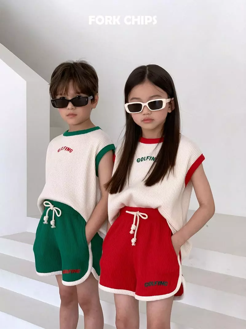 Fork Chips - Korean Children Fashion - #minifashionista - Gold Pink Waffle Top Bottom Set