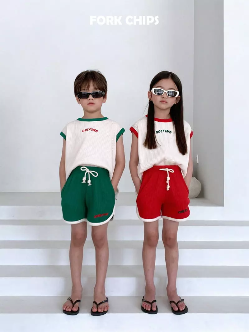Fork Chips - Korean Children Fashion - #prettylittlegirls - Gold Pink Waffle Top Bottom Set - 2
