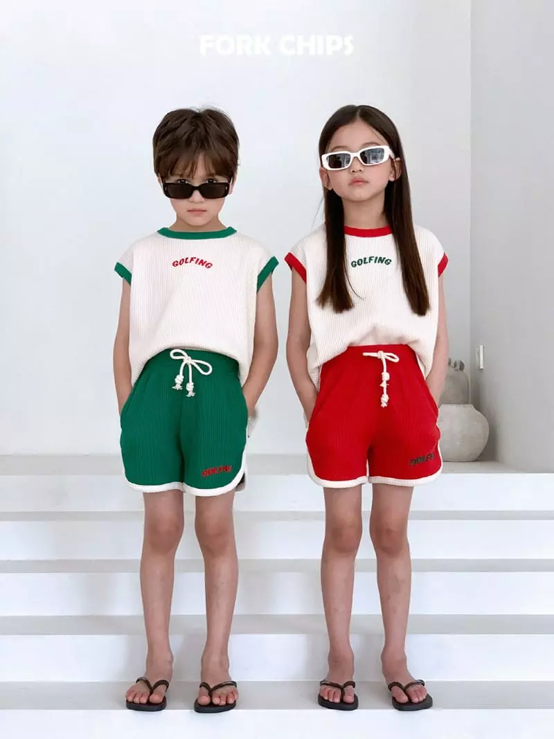 Fork Chips - Korean Children Fashion - #stylishchildhood - Gold Pink Waffle Top Bottom Set - 5
