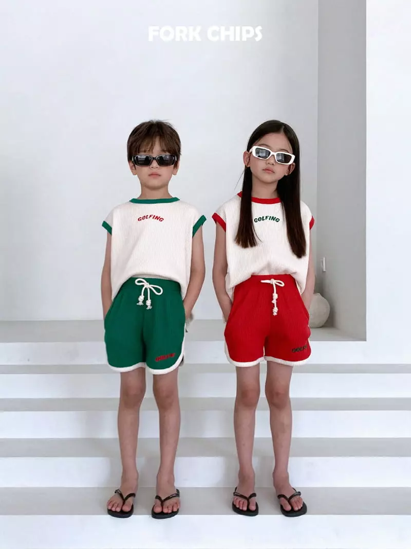Fork Chips - Korean Children Fashion - #todddlerfashion - Gold Pink Waffle Top Bottom Set - 3