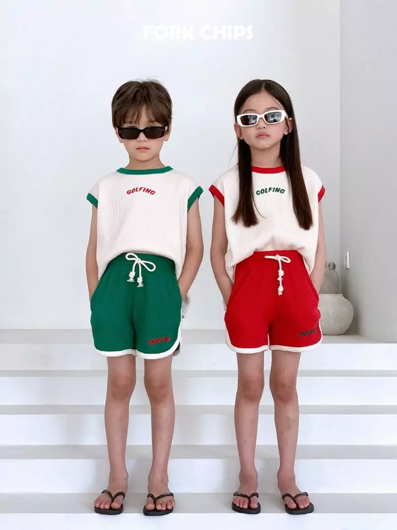 Fork Chips - Korean Children Fashion - #todddlerfashion - Gold Pink Waffle Top Bottom Set - 4