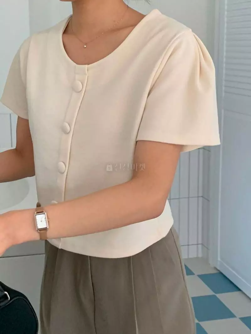 Hither - Korean Women Fashion - #momslook - Chucream Button Tee - 3